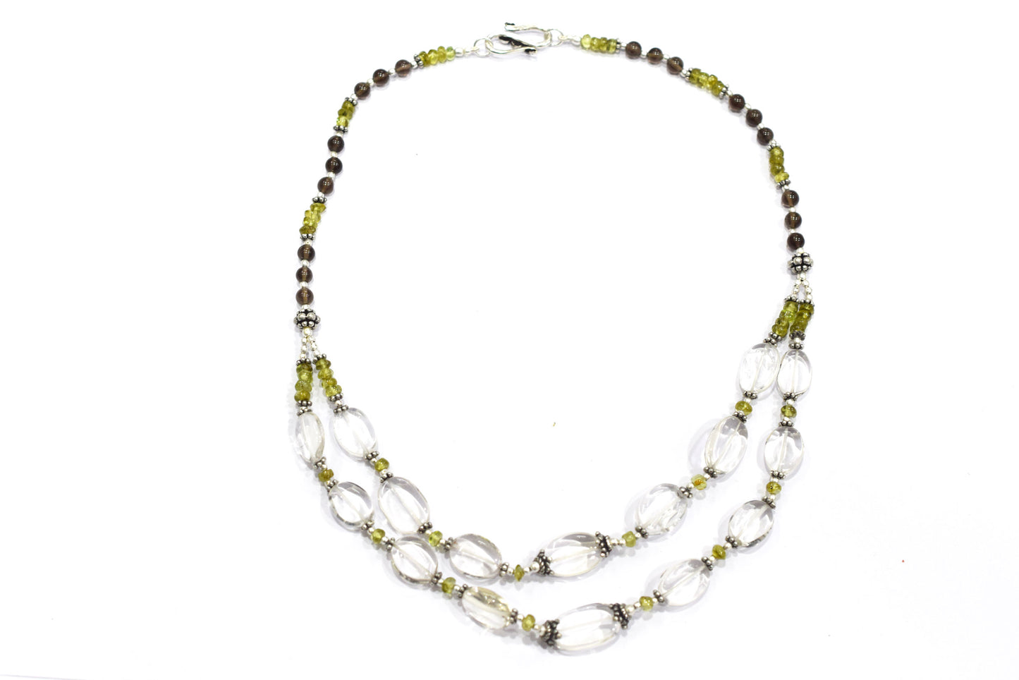 Natural Peridot, Smoky Quartz & Clear Crystal Jewelry Set – Double-Strand Statement Necklace & Earrings,32954