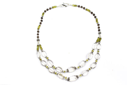 Natural Peridot, Smoky Quartz & Clear Crystal Jewelry Set – Double-Strand Statement Necklace & Earrings,32954