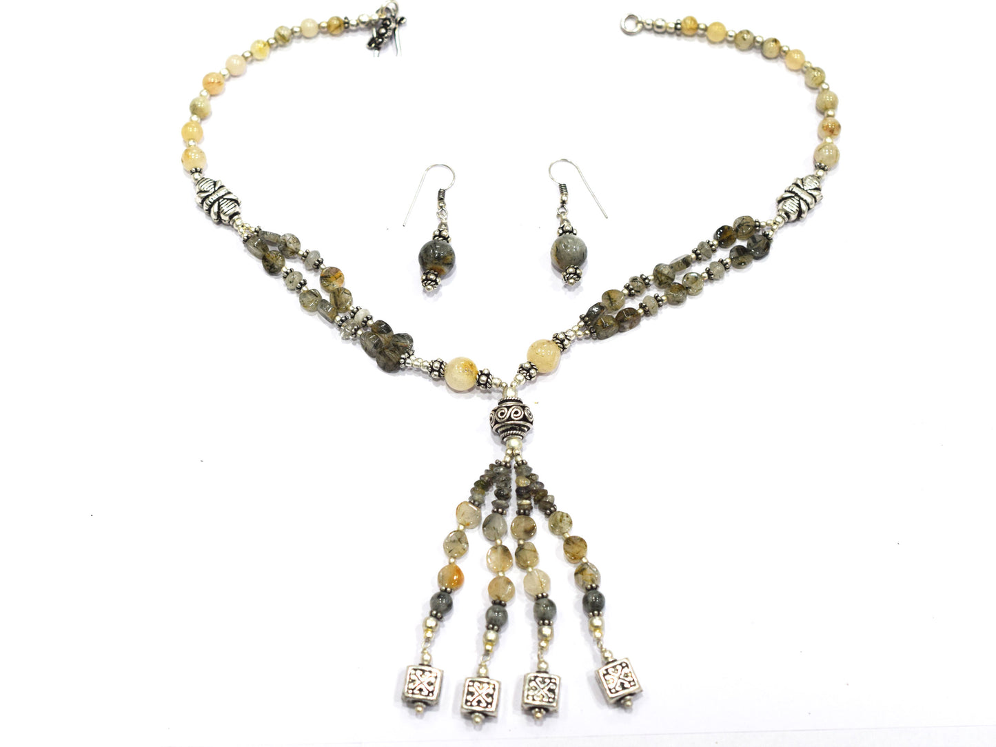 Natural Rutilated Quartz Jewelry Set – Multi-Strand Golden Rutile Tassel Necklace & Earrings,32955