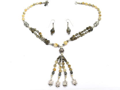 Natural Rutilated Quartz Jewelry Set – Multi-Strand Golden Rutile Tassel Necklace & Earrings,32955