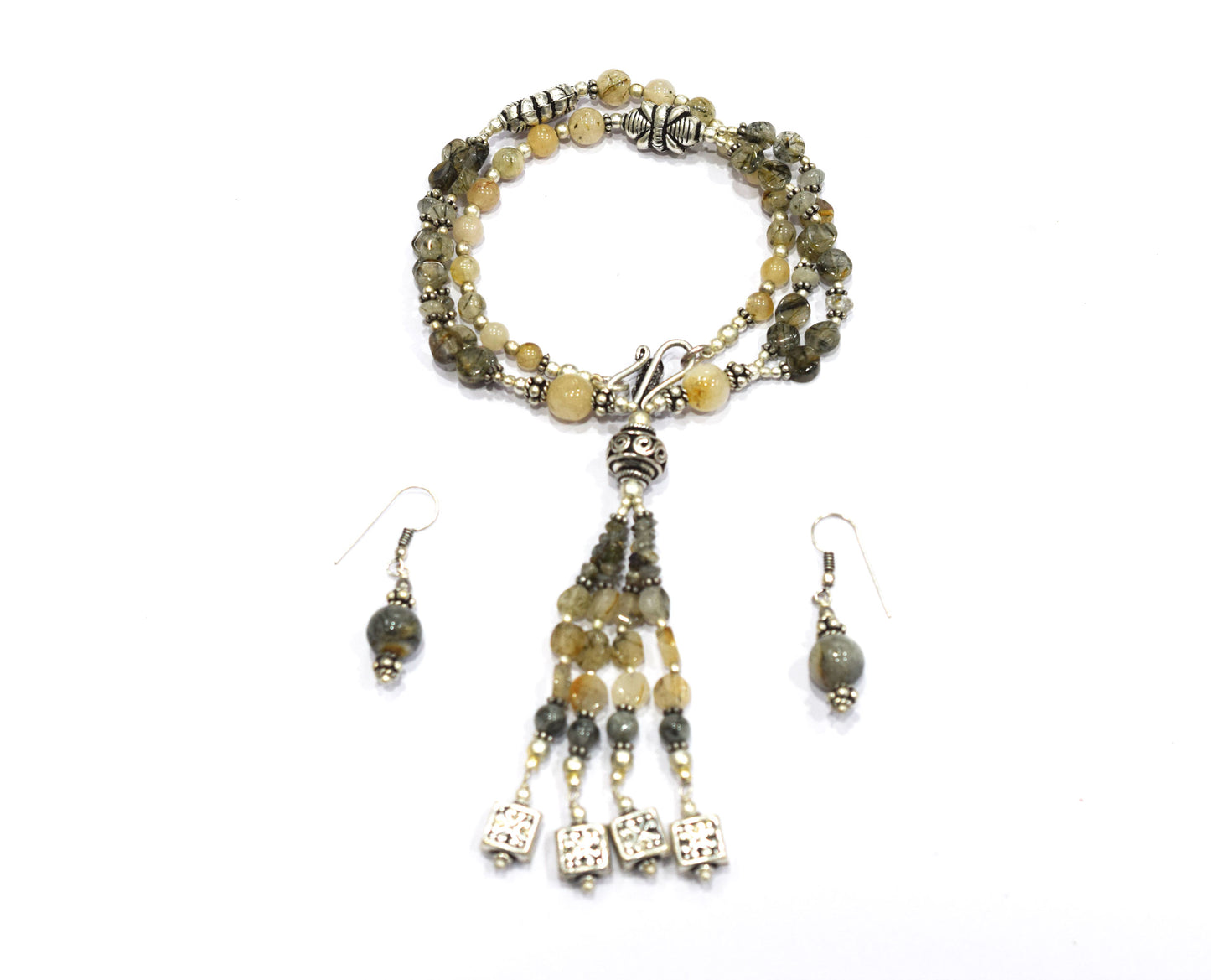 Natural Rutilated Quartz Jewelry Set – Multi-Strand Golden Rutile Tassel Necklace & Earrings,32955
