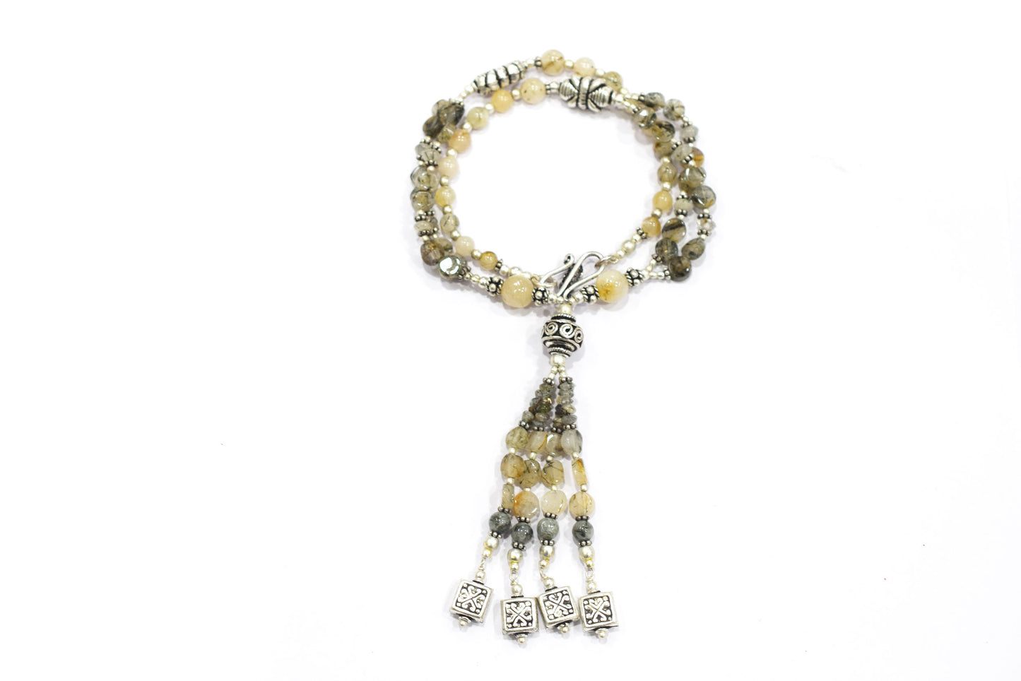 Natural Rutilated Quartz Jewelry Set – Multi-Strand Golden Rutile Tassel Necklace & Earrings,32955