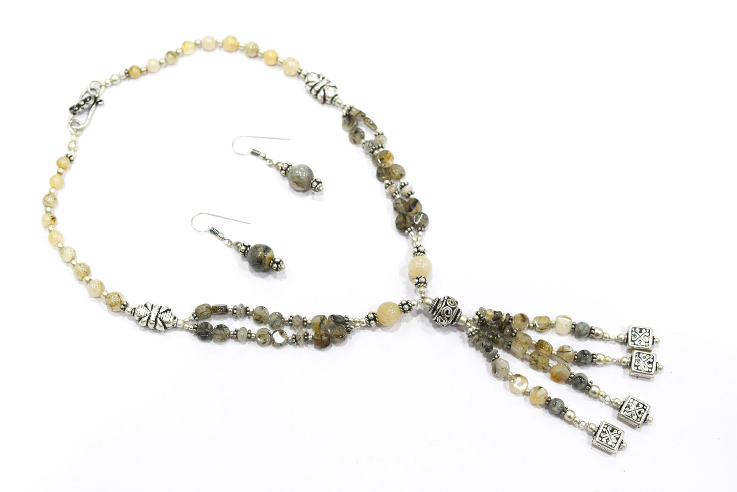 Natural Rutilated Quartz Jewelry Set – Multi-Strand Golden Rutile Tassel Necklace & Earrings,32955