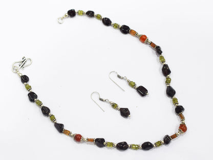 Handcrafted Carnelian & Smoky Quartz Asymmetric Earth-Tone Necklace and Dangle Earring Set,32956