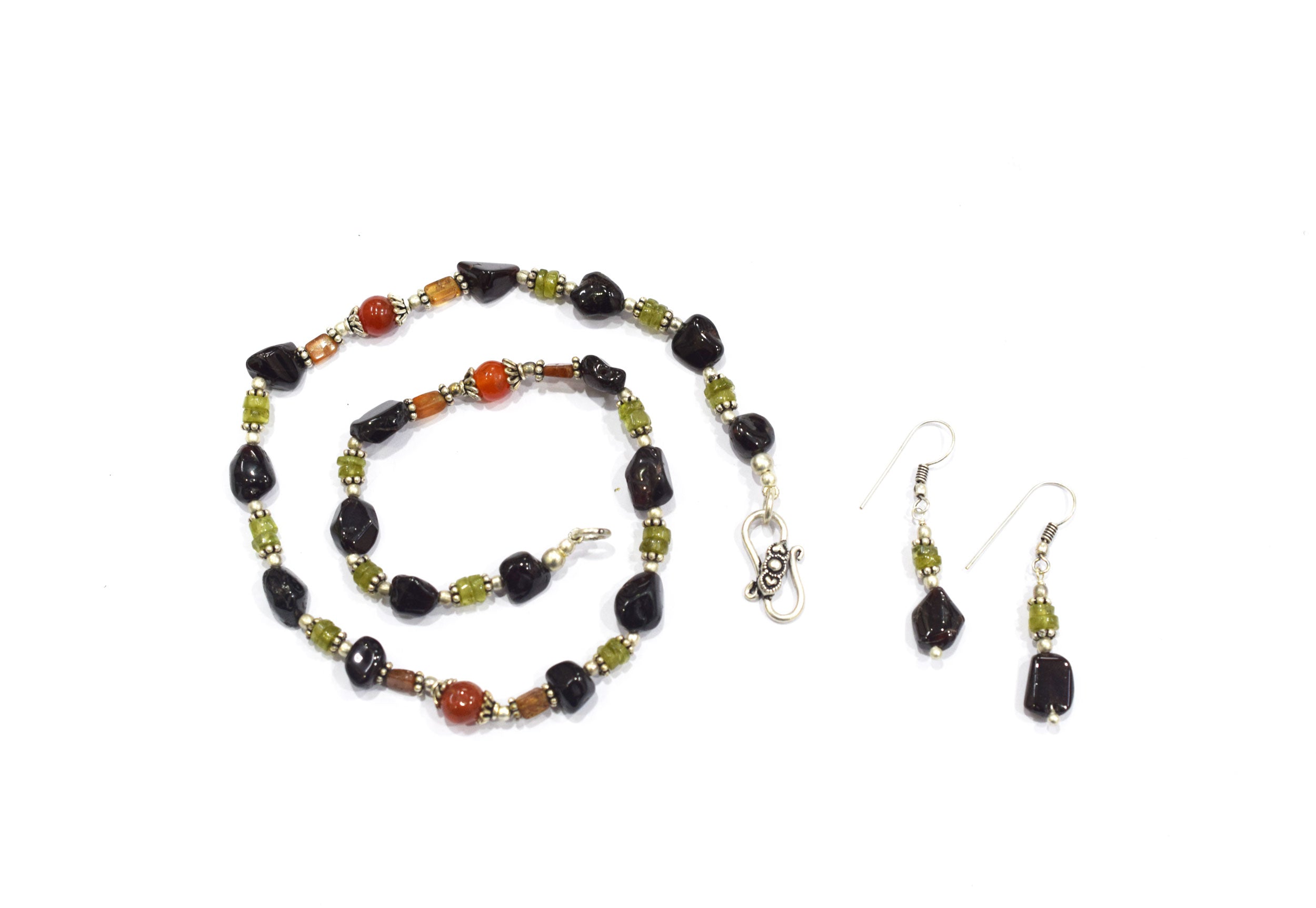 Handcrafted Carnelian & Smoky Quartz Asymmetric Earth-Tone Necklace and Dangle Earring Set,32956