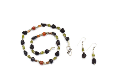 Handcrafted Carnelian & Smoky Quartz Asymmetric Earth-Tone Necklace and Dangle Earring Set,32956
