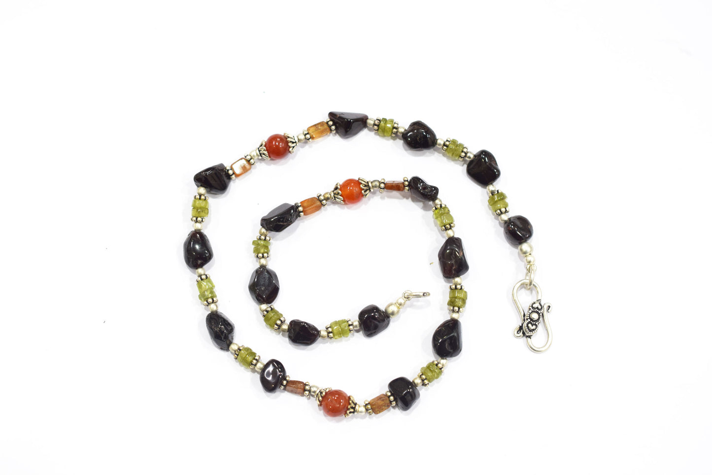 Handcrafted Carnelian & Smoky Quartz Asymmetric Earth-Tone Necklace and Dangle Earring Set,32956