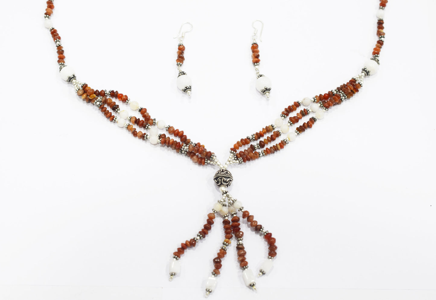 Natural Red Jasper and White Agate Necklace Set - Multi-Strand Statement Choker with Drop Earrings - Handmade Boho Tribal Beaded Jewelry Gift for Her,32957