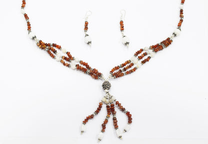 Natural Red Jasper and White Agate Necklace Set - Multi-Strand Statement Choker with Drop Earrings - Handmade Boho Tribal Beaded Jewelry Gift for Her,32957