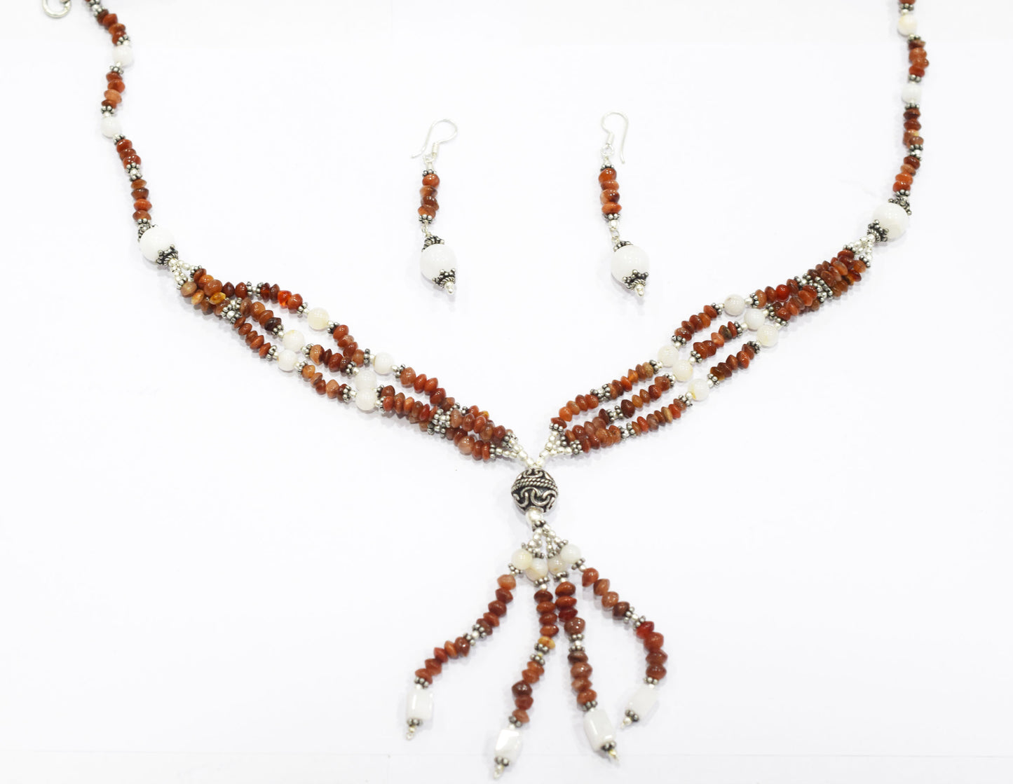 Natural Red Jasper and White Agate Necklace Set - Multi-Strand Statement Choker with Drop Earrings - Handmade Boho Tribal Beaded Jewelry Gift for Her,32957