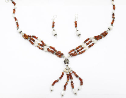 Natural Red Jasper and White Agate Necklace Set - Multi-Strand Statement Choker with Drop Earrings - Handmade Boho Tribal Beaded Jewelry Gift for Her,32957