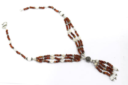 Natural Red Jasper and White Agate Necklace Set - Multi-Strand Statement Choker with Drop Earrings - Handmade Boho Tribal Beaded Jewelry Gift for Her,32957