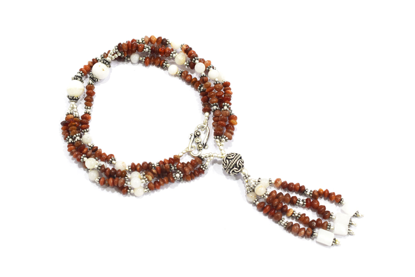 Natural Red Jasper and White Agate Necklace Set - Multi-Strand Statement Choker with Drop Earrings - Handmade Boho Tribal Beaded Jewelry Gift for Her,32957