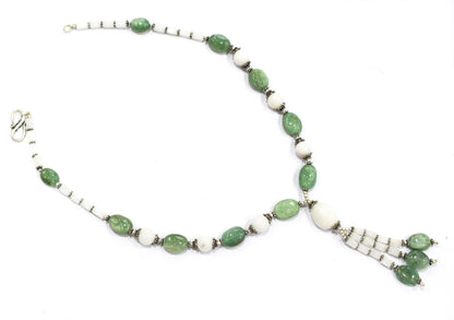 Natural Green Aventurine and White Agate Necklace Set - Multi-Strand Statement Choker with Drop Earrings - Handmade Boho Tribal Beaded Jewelry Gift for Her,32958