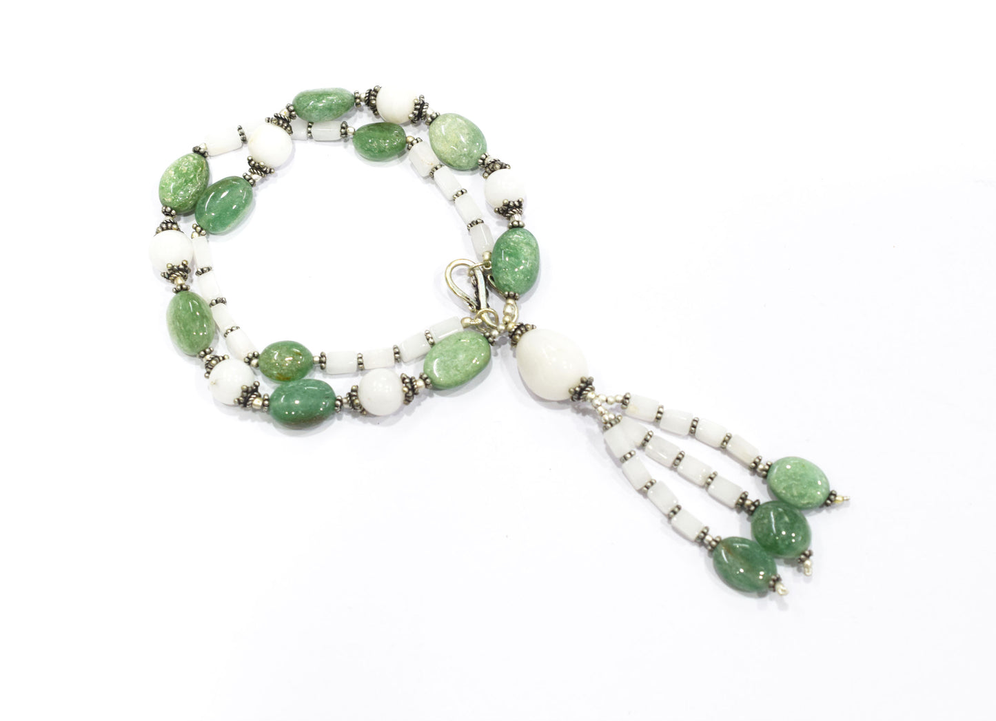 Natural Green Aventurine and White Agate Necklace Set - Multi-Strand Statement Choker with Drop Earrings - Handmade Boho Tribal Beaded Jewelry Gift for Her,32958