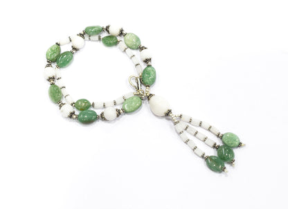 Natural Green Aventurine and White Agate Necklace Set - Multi-Strand Statement Choker with Drop Earrings - Handmade Boho Tribal Beaded Jewelry Gift for Her,32958