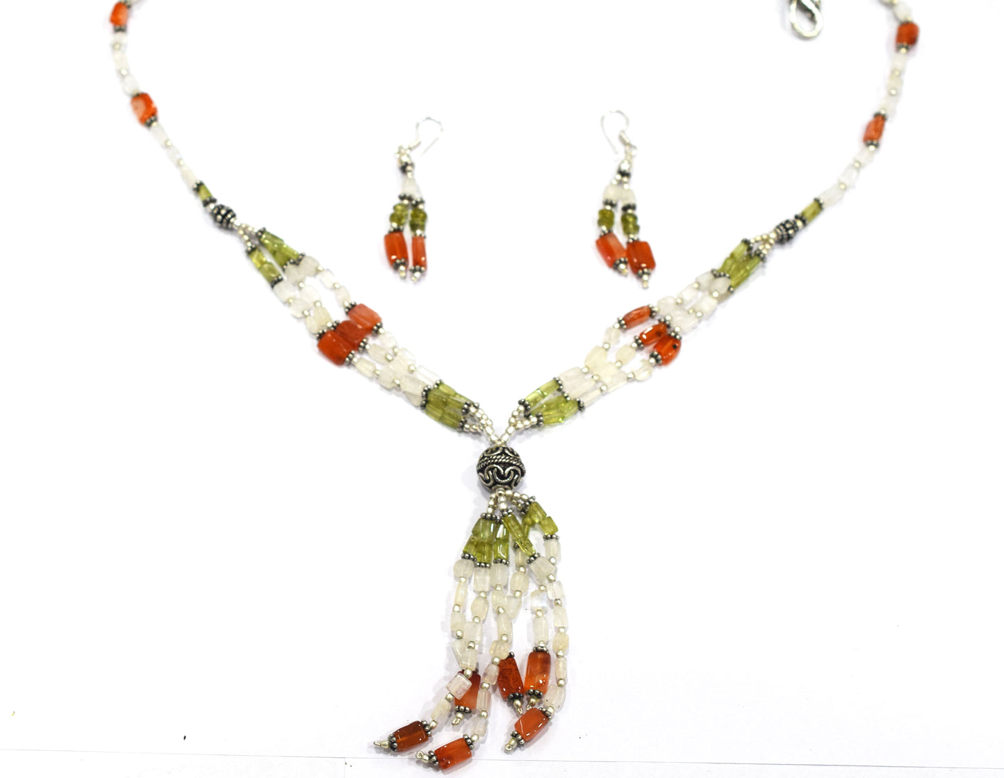 Natural Rainbow Moonstone, Peridot and Carnelian Necklace Set - Multi-Strand Statement Choker with Drop Earrings - Handmade Boho Tribal Beaded Jewelry Gift for Her,32959