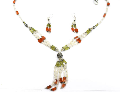 Natural Rainbow Moonstone, Peridot and Carnelian Necklace Set - Multi-Strand Statement Choker with Drop Earrings - Handmade Boho Tribal Beaded Jewelry Gift for Her,32959