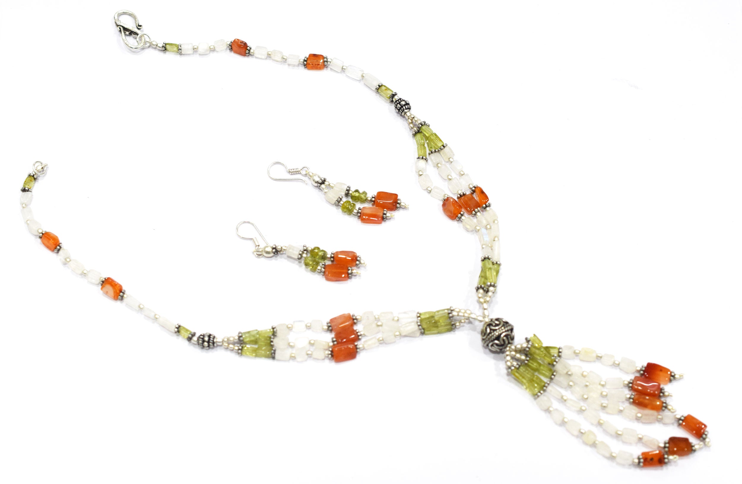 Natural Rainbow Moonstone, Peridot and Carnelian Necklace Set - Multi-Strand Statement Choker with Drop Earrings - Handmade Boho Tribal Beaded Jewelry Gift for Her,32959