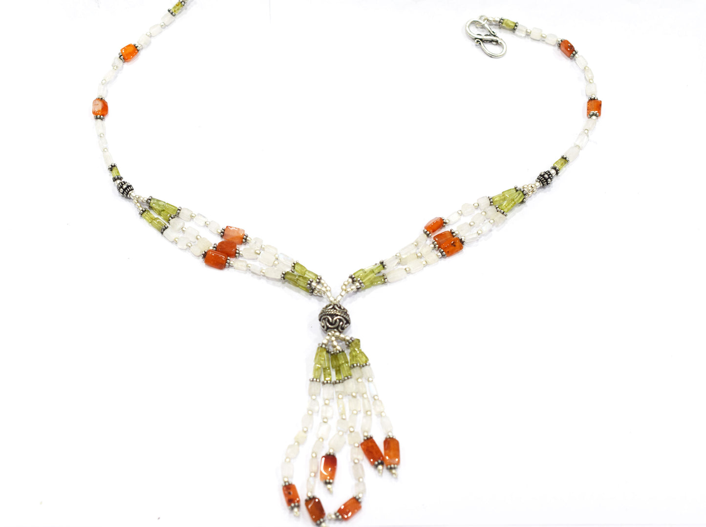 Natural Rainbow Moonstone, Peridot and Carnelian Necklace Set - Multi-Strand Statement Choker with Drop Earrings - Handmade Boho Tribal Beaded Jewelry Gift for Her,32959