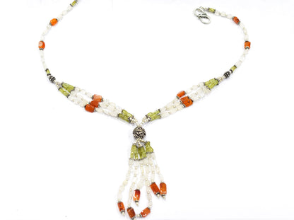Natural Rainbow Moonstone, Peridot and Carnelian Necklace Set - Multi-Strand Statement Choker with Drop Earrings - Handmade Boho Tribal Beaded Jewelry Gift for Her,32959