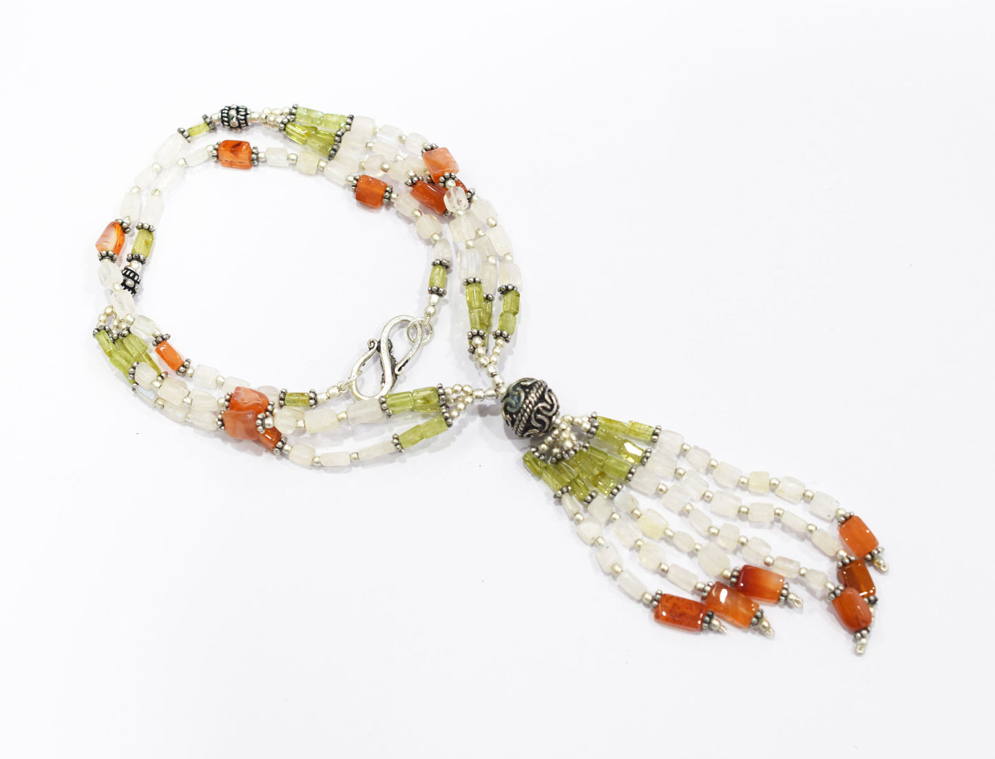 Natural Rainbow Moonstone, Peridot and Carnelian Necklace Set - Multi-Strand Statement Choker with Drop Earrings - Handmade Boho Tribal Beaded Jewelry Gift for Her,32959