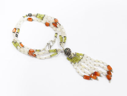 Natural Rainbow Moonstone, Peridot and Carnelian Necklace Set - Multi-Strand Statement Choker with Drop Earrings - Handmade Boho Tribal Beaded Jewelry Gift for Her,32959