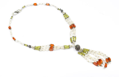 Natural Rainbow Moonstone, Peridot and Carnelian Necklace Set - Multi-Strand Statement Choker with Drop Earrings - Handmade Boho Tribal Beaded Jewelry Gift for Her,32959