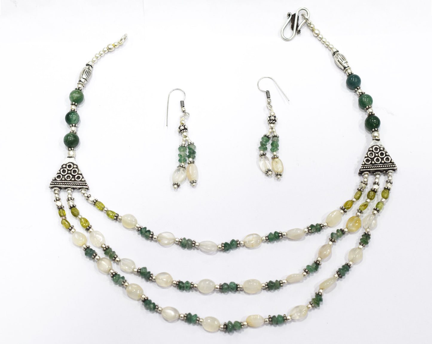 Natural Green Aventurine and Moonstone Necklace Set - Multi-Strand Statement Choker with Drop Earrings - Handmade Boho Tribal Beaded Jewelry Gift for Her,32960