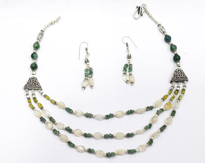 Natural Green Aventurine and Moonstone Necklace Set - Multi-Strand Statement Choker with Drop Earrings - Handmade Boho Tribal Beaded Jewelry Gift for Her,32960