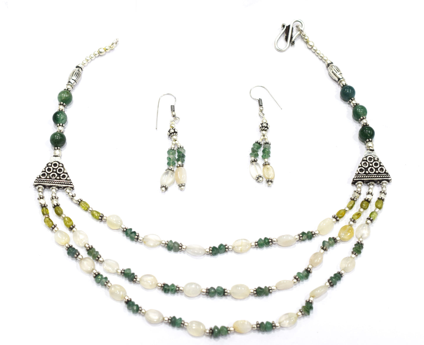 Natural Green Aventurine and Moonstone Necklace Set - Multi-Strand Statement Choker with Drop Earrings - Handmade Boho Tribal Beaded Jewelry Gift for Her,32960