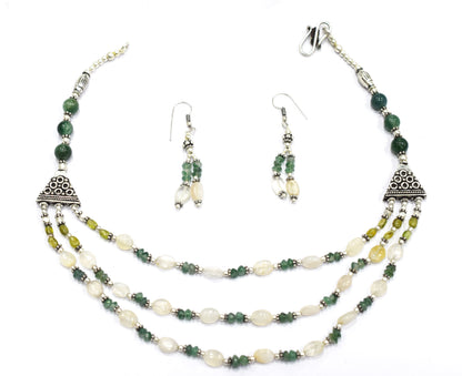 Natural Green Aventurine and Moonstone Necklace Set - Multi-Strand Statement Choker with Drop Earrings - Handmade Boho Tribal Beaded Jewelry Gift for Her,32960