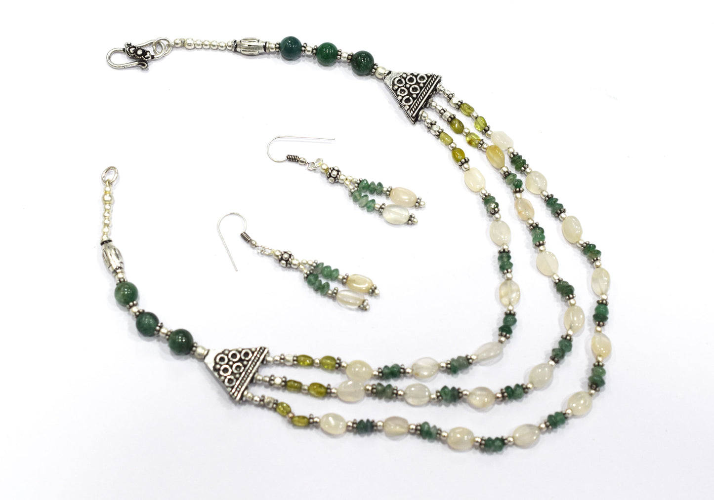 Natural Green Aventurine and Moonstone Necklace Set - Multi-Strand Statement Choker with Drop Earrings - Handmade Boho Tribal Beaded Jewelry Gift for Her,32960