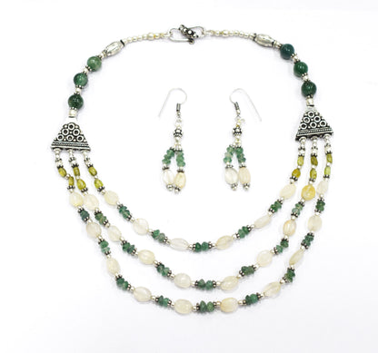 Natural Green Aventurine and Moonstone Necklace Set - Multi-Strand Statement Choker with Drop Earrings - Handmade Boho Tribal Beaded Jewelry Gift for Her,32960