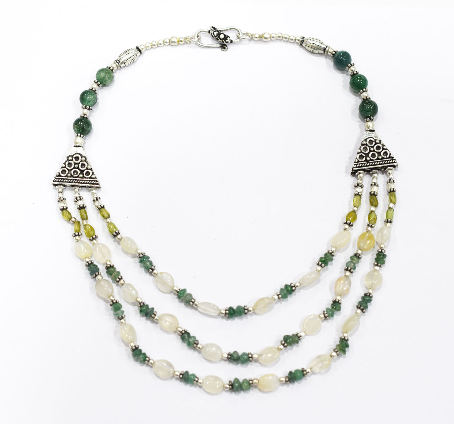 Natural Green Aventurine and Moonstone Necklace Set - Multi-Strand Statement Choker with Drop Earrings - Handmade Boho Tribal Beaded Jewelry Gift for Her,32960