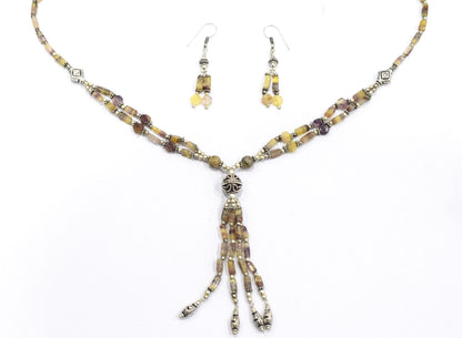 Natural Fluorite and Rutilated Quartz Necklace Set - Multi-Strand Statement Choker with Drop Earrings - Handmade Boho Tribal Beaded Jewelry Gift for Her,32961