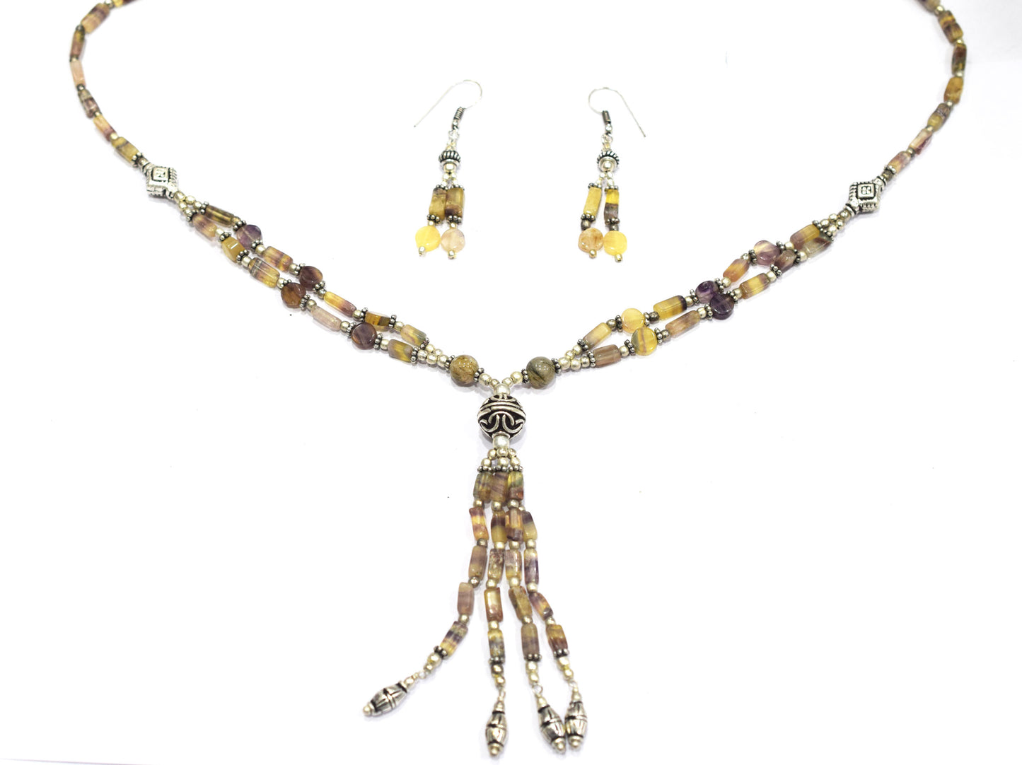 Natural Fluorite and Rutilated Quartz Necklace Set - Multi-Strand Statement Choker with Drop Earrings - Handmade Boho Tribal Beaded Jewelry Gift for Her,32961