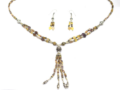 Natural Fluorite and Rutilated Quartz Necklace Set - Multi-Strand Statement Choker with Drop Earrings - Handmade Boho Tribal Beaded Jewelry Gift for Her,32961