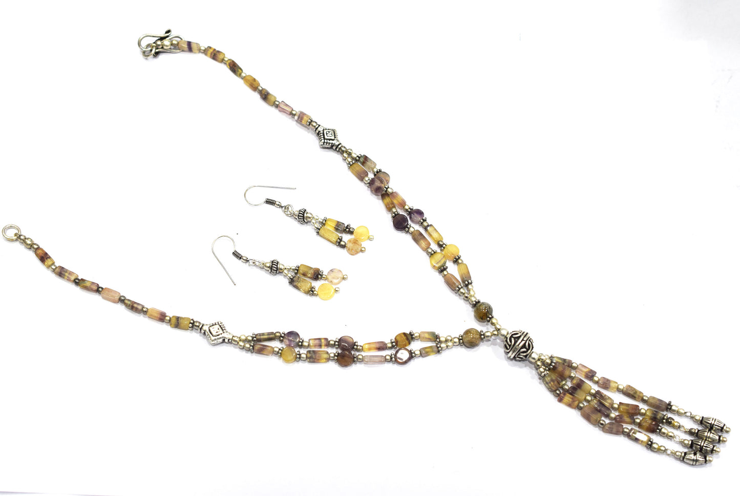 Natural Fluorite and Rutilated Quartz Necklace Set - Multi-Strand Statement Choker with Drop Earrings - Handmade Boho Tribal Beaded Jewelry Gift for Her,32961