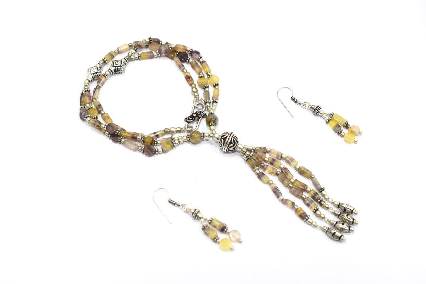 Natural Fluorite and Rutilated Quartz Necklace Set - Multi-Strand Statement Choker with Drop Earrings - Handmade Boho Tribal Beaded Jewelry Gift for Her,32961