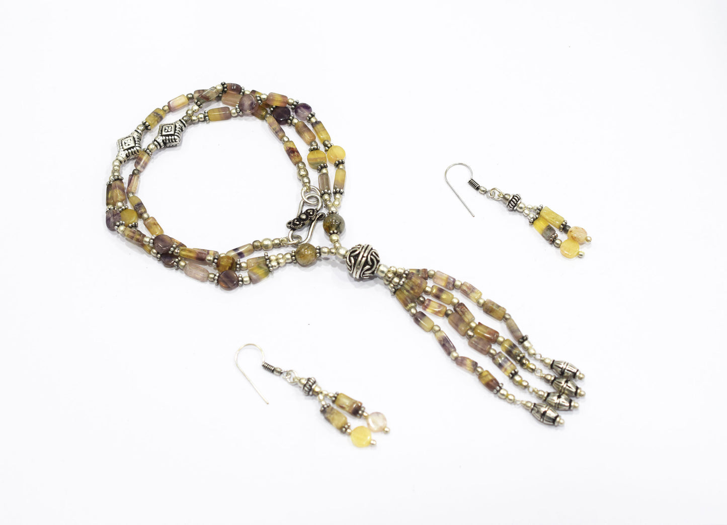 Natural Fluorite and Rutilated Quartz Necklace Set - Multi-Strand Statement Choker with Drop Earrings - Handmade Boho Tribal Beaded Jewelry Gift for Her,32961