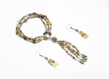 Natural Fluorite and Rutilated Quartz Necklace Set - Multi-Strand Statement Choker with Drop Earrings - Handmade Boho Tribal Beaded Jewelry Gift for Her,32961