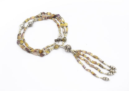 Natural Fluorite and Rutilated Quartz Necklace Set - Multi-Strand Statement Choker with Drop Earrings - Handmade Boho Tribal Beaded Jewelry Gift for Her,32961