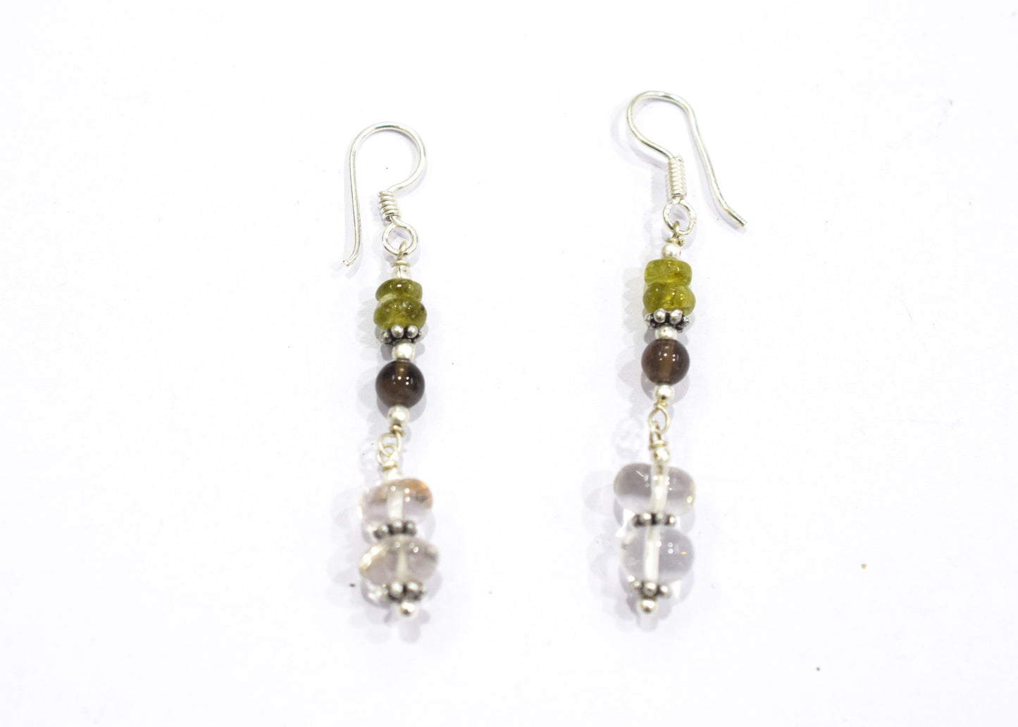 Natural Peridot, Smoky Quartz and Crystal Quartz Necklace Set - Multi-Strand Statement Choker with Drop Earrings - Handmade Boho Tribal Beaded Jewelry Gift for Her,32962