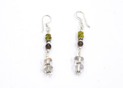 Natural Peridot, Smoky Quartz and Crystal Quartz Necklace Set - Multi-Strand Statement Choker with Drop Earrings - Handmade Boho Tribal Beaded Jewelry Gift for Her,32962