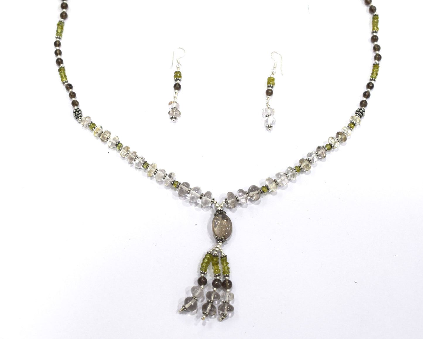 Natural Peridot, Smoky Quartz and Crystal Quartz Necklace Set - Multi-Strand Statement Choker with Drop Earrings - Handmade Boho Tribal Beaded Jewelry Gift for Her,32962