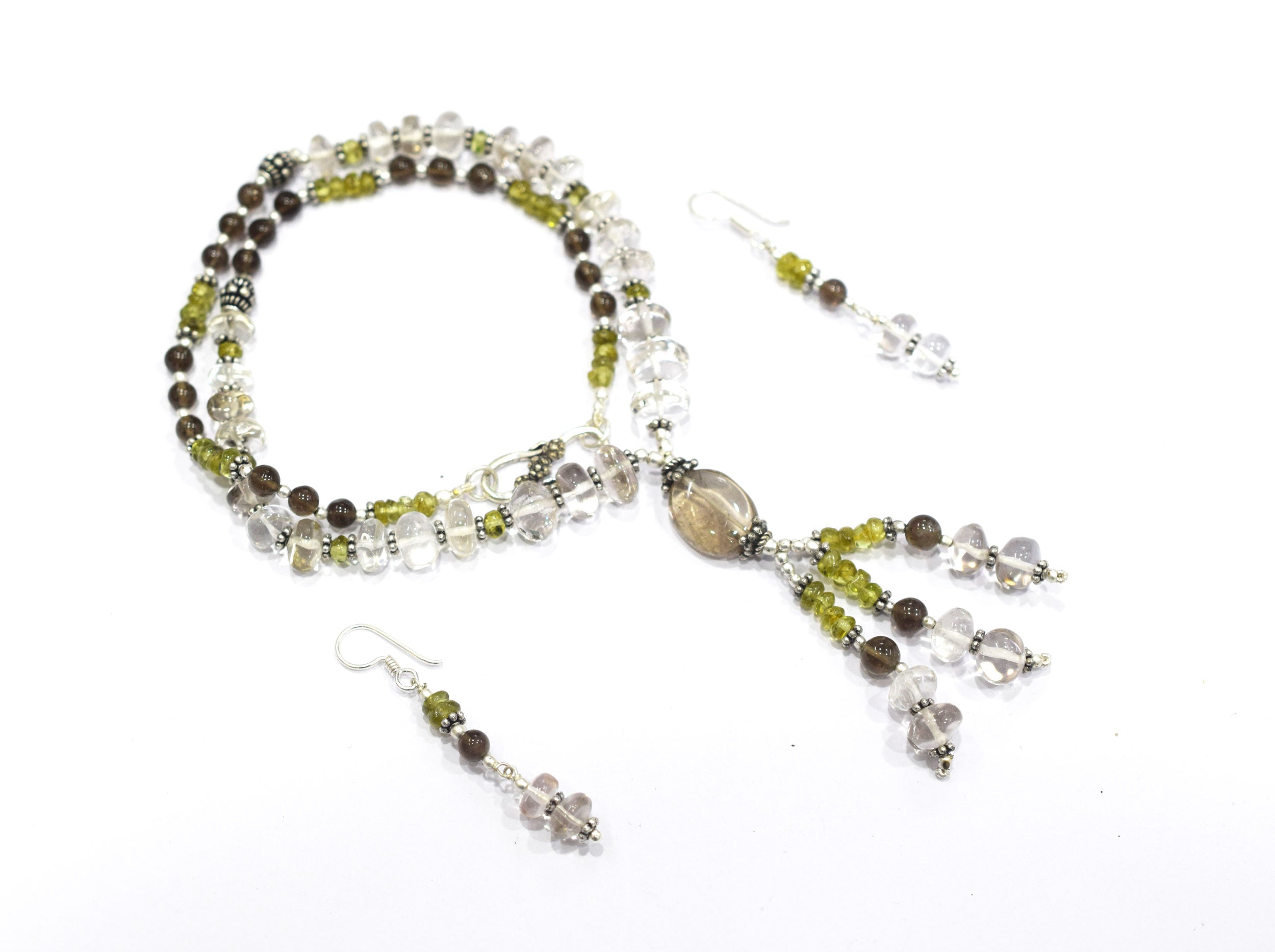 Natural Peridot, Smoky Quartz and Crystal Quartz Necklace Set - Multi-Strand Statement Choker with Drop Earrings - Handmade Boho Tribal Beaded Jewelry Gift for Her,32962
