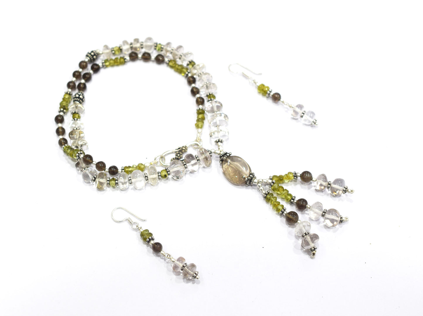 Natural Peridot, Smoky Quartz and Crystal Quartz Necklace Set - Multi-Strand Statement Choker with Drop Earrings - Handmade Boho Tribal Beaded Jewelry Gift for Her,32962