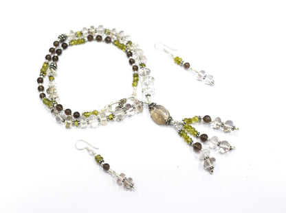 Natural Peridot, Smoky Quartz and Crystal Quartz Necklace Set - Multi-Strand Statement Choker with Drop Earrings - Handmade Boho Tribal Beaded Jewelry Gift for Her,32962
