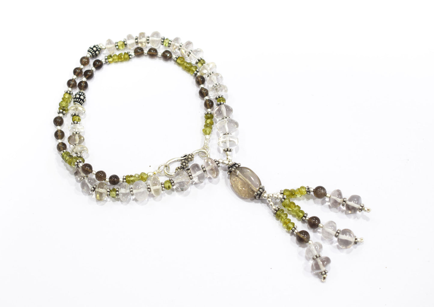 Natural Peridot, Smoky Quartz and Crystal Quartz Necklace Set - Multi-Strand Statement Choker with Drop Earrings - Handmade Boho Tribal Beaded Jewelry Gift for Her,32962